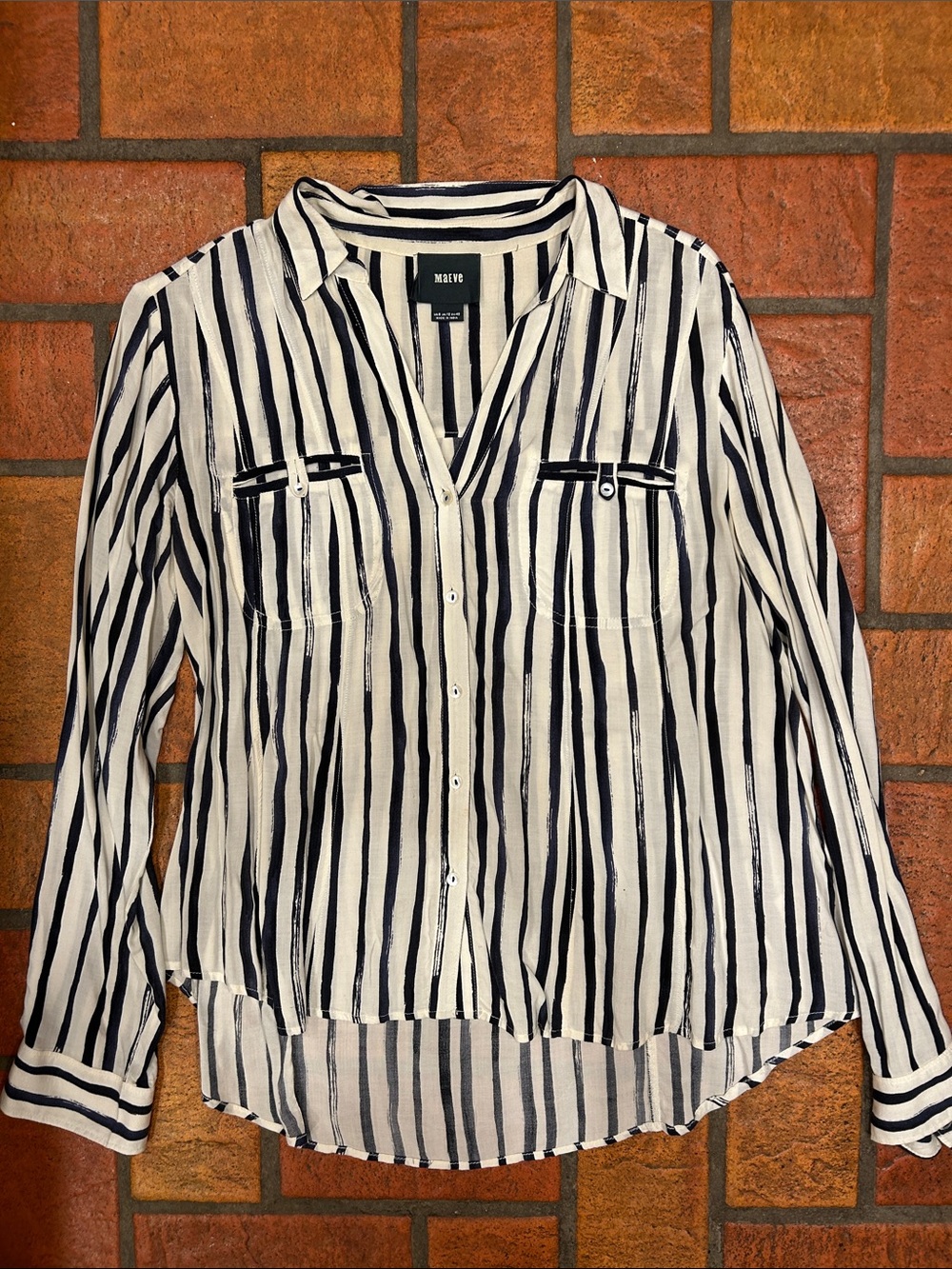 Maeve Women's Black and White Vertical Stripe Button-Down Shirt